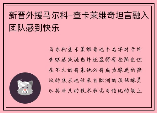 新晋外援马尔科-查卡莱维奇坦言融入团队感到快乐